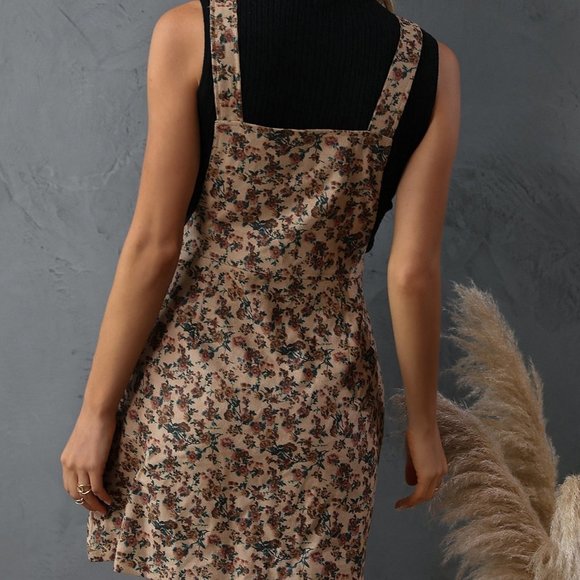 Multicolor Casual Womens Allover Floral Print Zip Front Corduroy Overall Dress - Picture 3 of 5